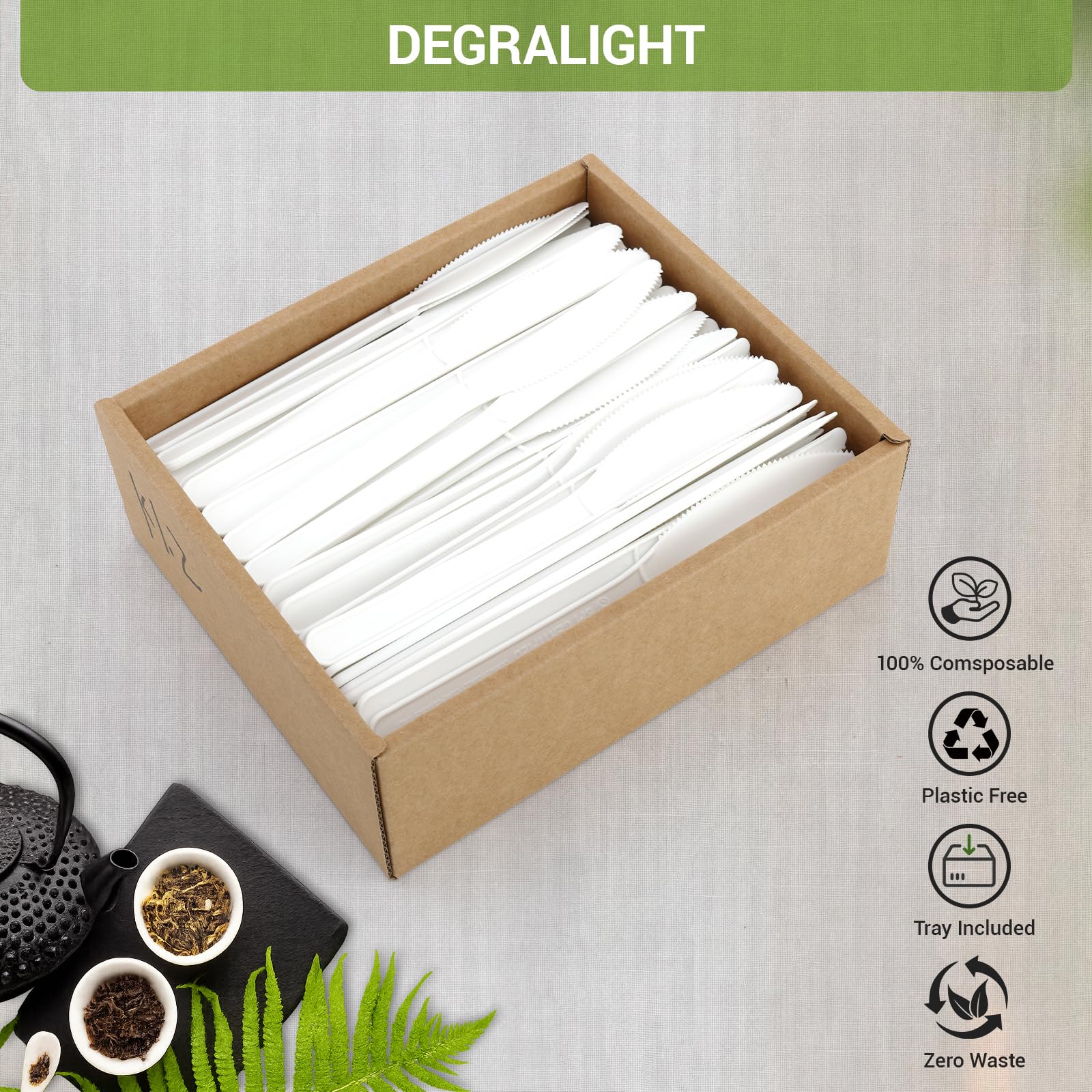 Degralight 100% Compostable Knives - 200Pcs CPLA Knives, Durable and Heat Resistant CPLA Disposable Cutlery, No Plastic Disposable Silverware for Party, Wedding, Office & Daily