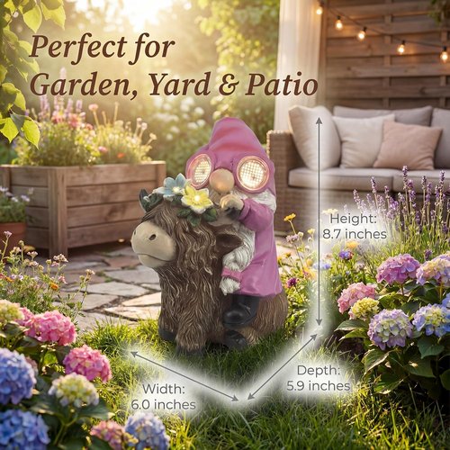 iStatue Solar Highland Cow Garden Statue - Animated LED Goggles, 8.7" Pink Resin Gnome with Moving Eyes