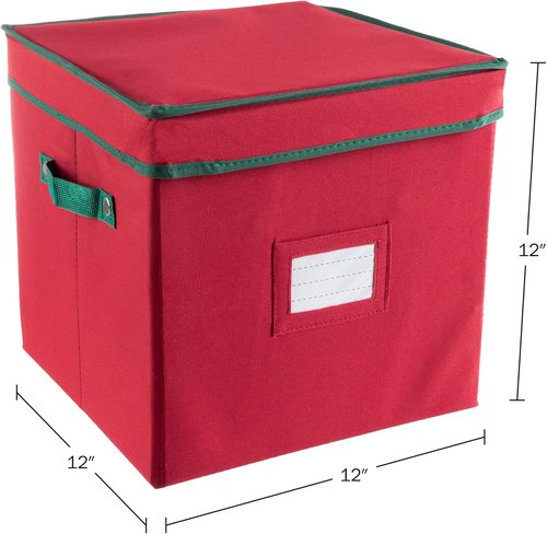 Elf Stor Christmas Decor Storage Box - Red Oxford Canvas Ornament Cube with 64 Compartment Dividers & Lid
