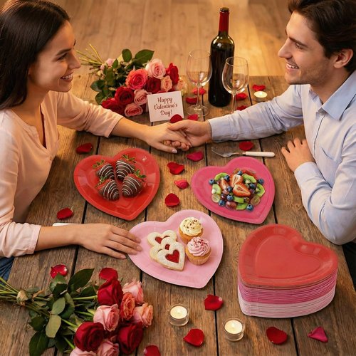 ZKNDRHJO 60 Pcs Valentine's Day Disposable Heart Plates Set,9 Inch Decorative Heart Shaped Plates for Holiday Parties & Special Events Birthdays Weddings and Romantic Dinner Tableware