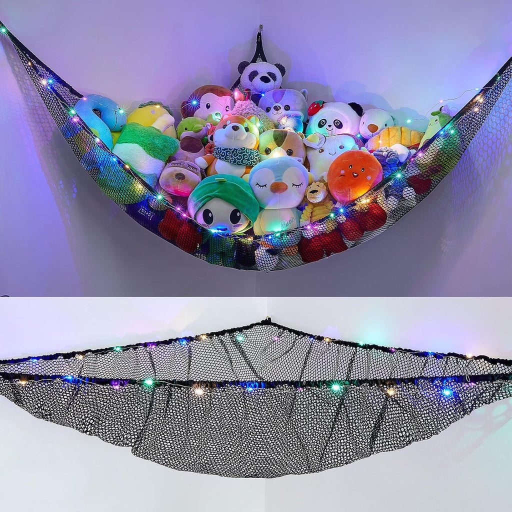 Skiennix Unicorn Castle Stuffed Animal Storage Organizer - LED Light Hanging Hammock | Large Black