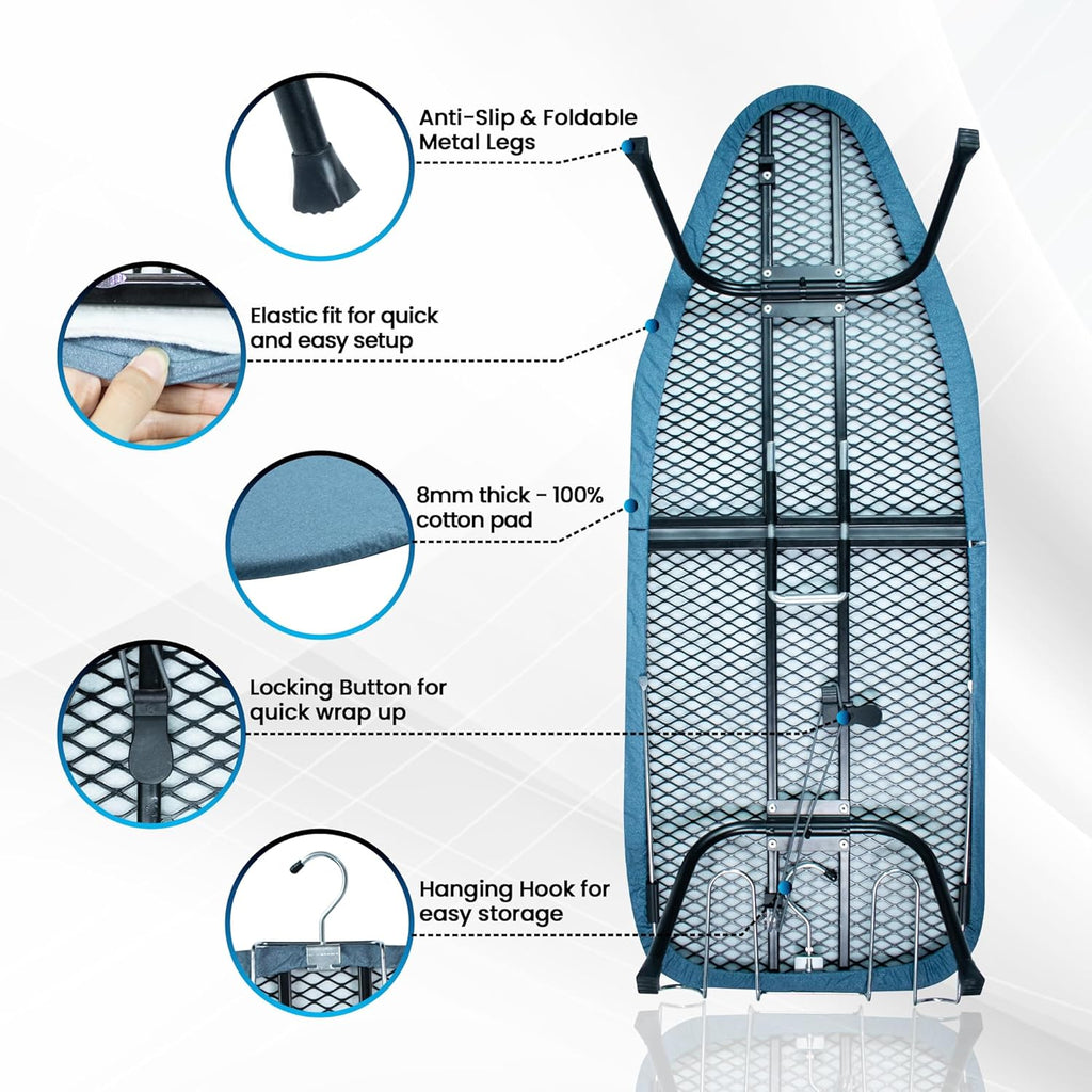 Regine Switzerland Metal Mesh Panel Ironing Board - Foldable Heavy-Duty Design with Heat-Resistant Cover & 100% Cotton Pad (Blue)