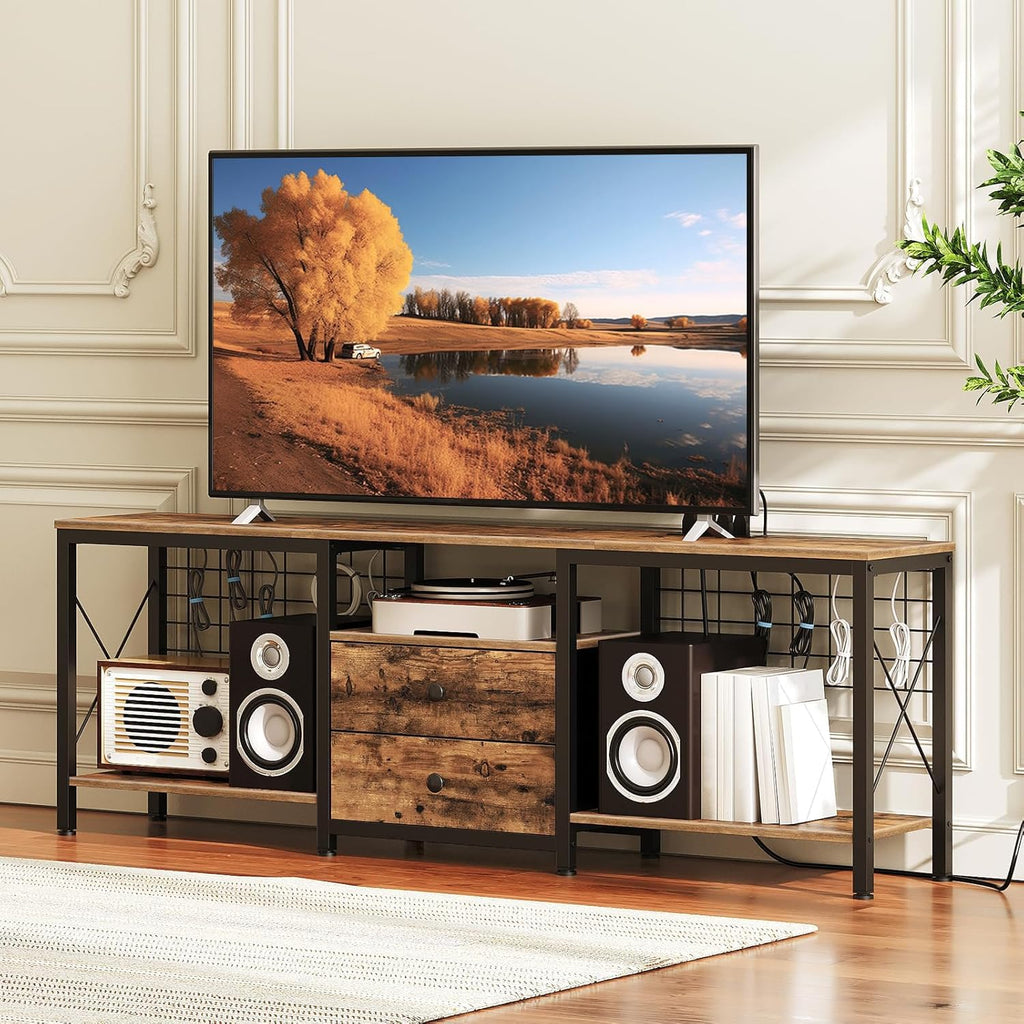 YATINEY TV Stand with Power Outlet Up to 70 Inch, Entertainment Center with 2 Fabric Drawers, TV Console Table with Open Storage Shelves for TVs, Cable Management, for Living Room, Bedroom, DS16UBRY1