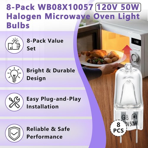 【8-Pack】 G8 Halogen Bulbs for Microwave Ovens, 120V 50W Compatible with LG 6912A40002J, GE WB08X10057 & Kenmore Models Replaces GE Oven Bulbs, Halogen Bulbs for Range Hoods and appliances