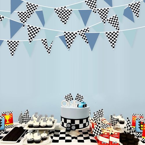 32Ft Racing Party Decorations Dusty Blue Black White Checkered Racing Car Fabric Banner Triangle Flag Pennant Garland Streamers for Boys Race Car Birthday Racetrack Baby Shower NASCAR Picnic Decor