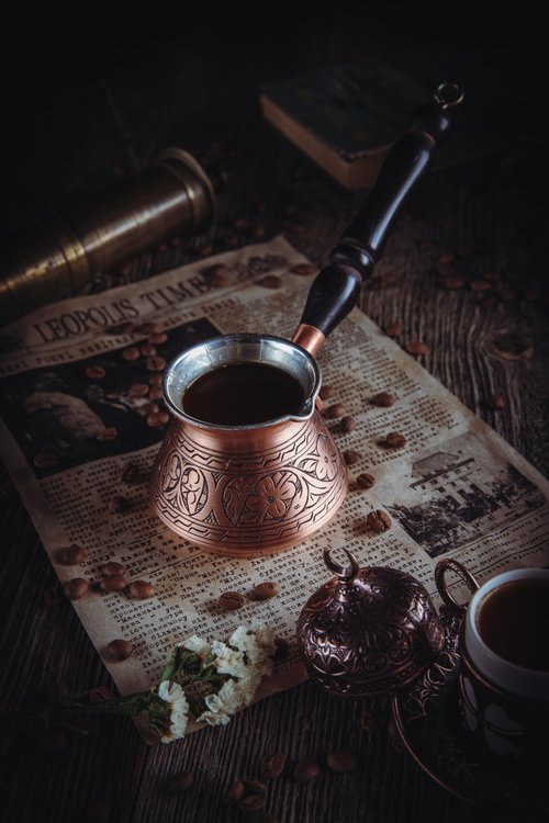 DEMMEX 15 Oz Thickest Copper Turkish Greek Arabic Coffee Pot, Stovetop Coffee Maker, Cezve Ibrik Briki with Wooden Handle & Spoon, Hand Engraved (Matte Copper, 6 Servings)