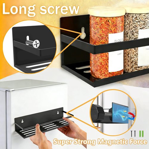 SMRCAD Magnetic Spice Rack for Refrigerator Seasoning Organizer for Spice Fridge Shelf storage Magnetic Shelf with Hook for Oven(6pack) (4Pack-Cut out-black)