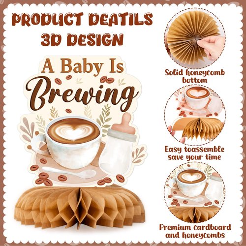 ANGOLIO 12 Pieces Coffee Baby Shower Party Honeycomb Centerpieces Coffee Latte Centerpieces Baby Is Brewing Honeycomb Party Decorations 3D Photo Prop for Gender Reveal Party