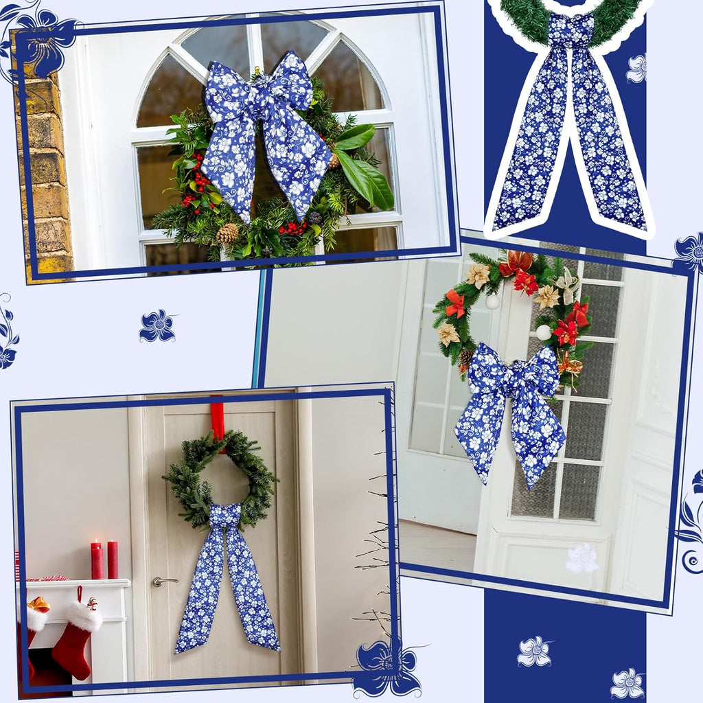 Skiennix Wreath Sash - Reversible Chinoiserie Decor for Monogram Garland | 2 Pcs Blue Style for Indoor/Outdoor Use