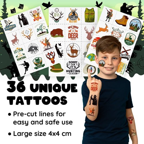 60 PCS Hunting Party Favors Set - 36 Temporary Tattoos & 24 Slap Bracelets for Kids, Perfect for Hunting Birthday Party Decorations, Baby Shower and Outdoor-Themed Supplies