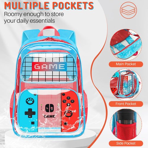 TILYTADLY 3PCS Clear Backpack for School - Gamer Kids Clear Backpacks for Boys and Girls,Heavy Duty Transparent Bookbag with Lunch Bag and Pencil Case - See Through PVC Transparent Bookbag