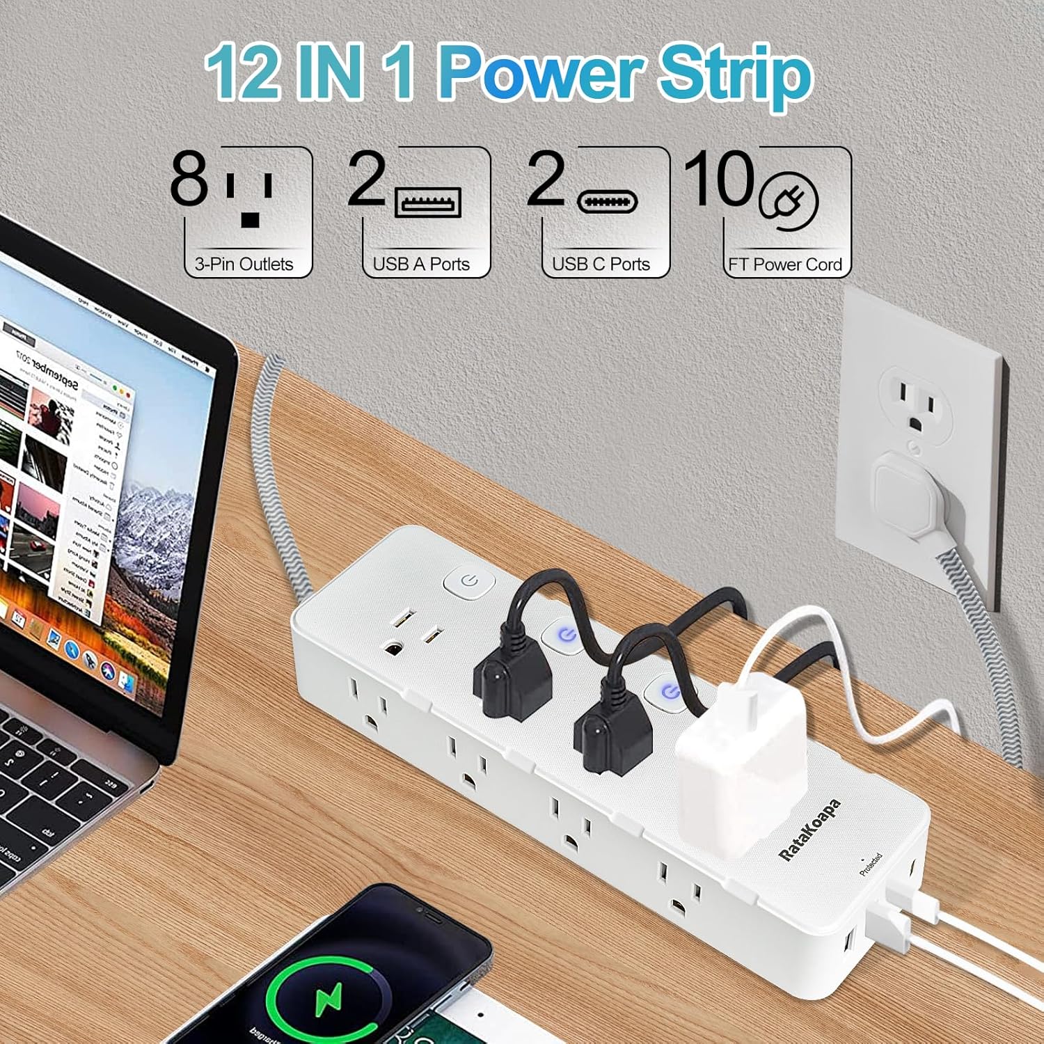 Skiennix 10 Ft Surge Protector Power Strip - 8 AC Outlets & 4 USB Ports with Individual Switches | Flat Plug Extension Cord for Home & Office