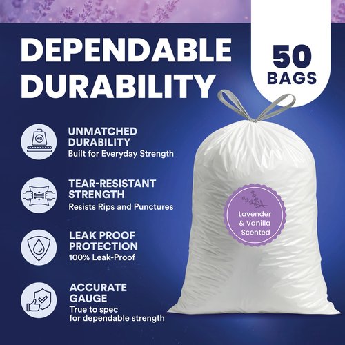 Plasticplace 13 Gallon White Drawstring Trash Bags │ 1.2 Mil │ Lavender and Soft Vanilla Scented Garbage Can Liners │ 24" x 31" (50 Count)