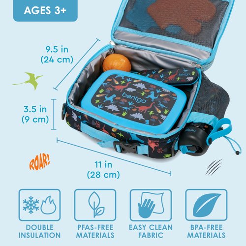 Bentgo Kids Lunch Bag - Durable, Double-Insulated Lunch Bag for Kids 3+; Holds Lunch Box, Water Bottle, & Snacks; Easy-Clean Water-Resistant Fabric & Multiple Zippered Pockets (Dinosaur)