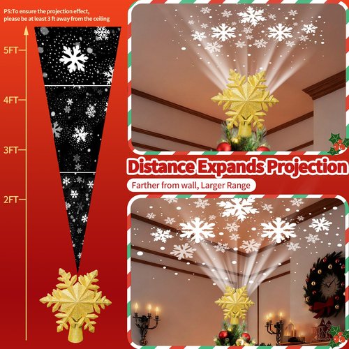 [6 Patterns] 9.05 inch Christmas Tree Topper Projector Snowflake with 6 Patterns Gold Snowflake Projector Tree Topper Plug in for Indoor Office Xmas New Year Holiday (Gold,3m Cable)