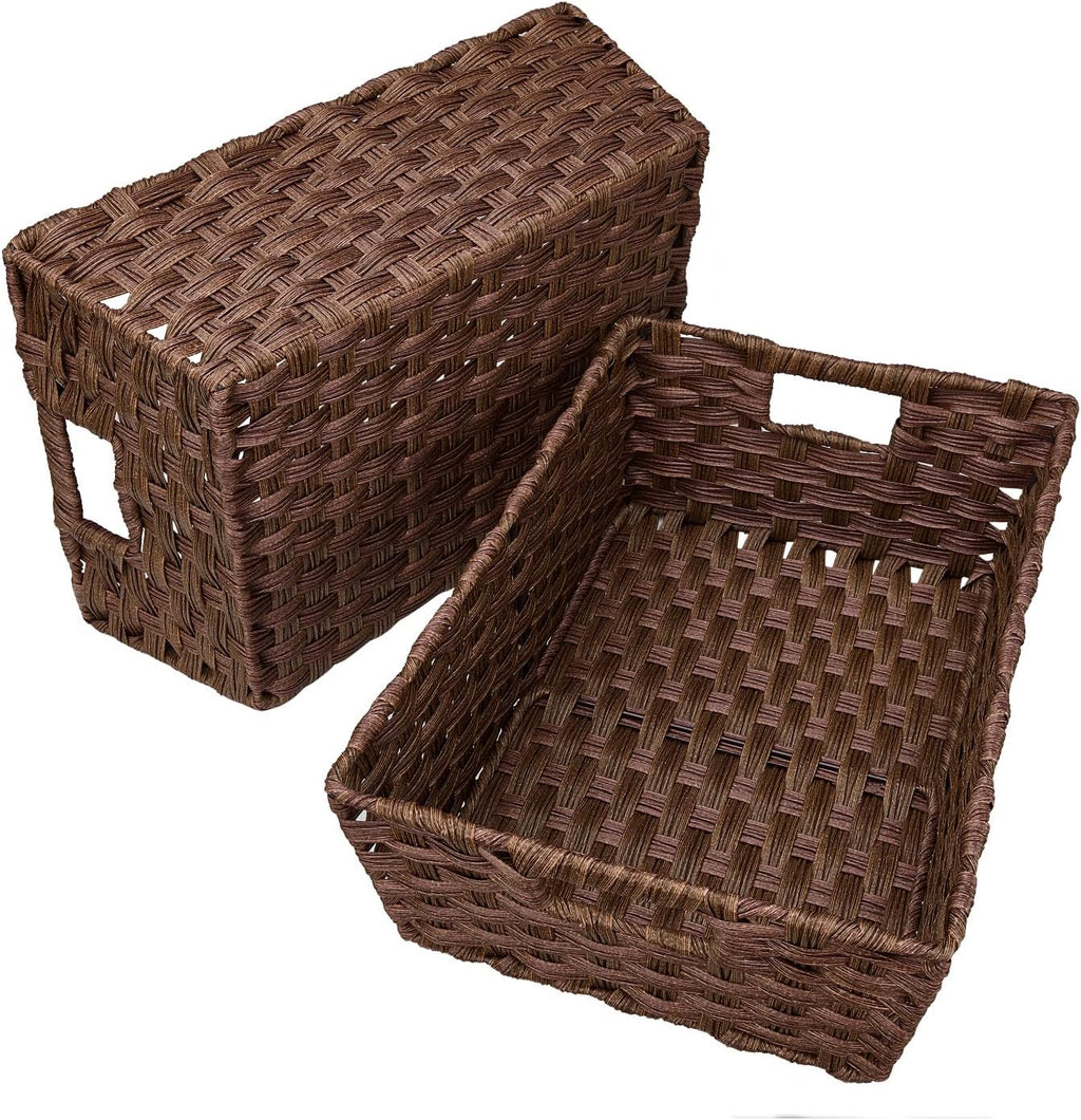 Onlytak Large Wicker Storage Basket Set - Washable & Waterproof Metal Frame | 15" x 10.3" x 5.2" - Brown