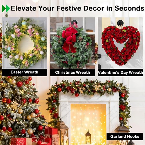 Black Wreath Hanger - 22LB Strong Suction Cup Hook for Indoor/Outdoor Decor | Reusable for Holidays