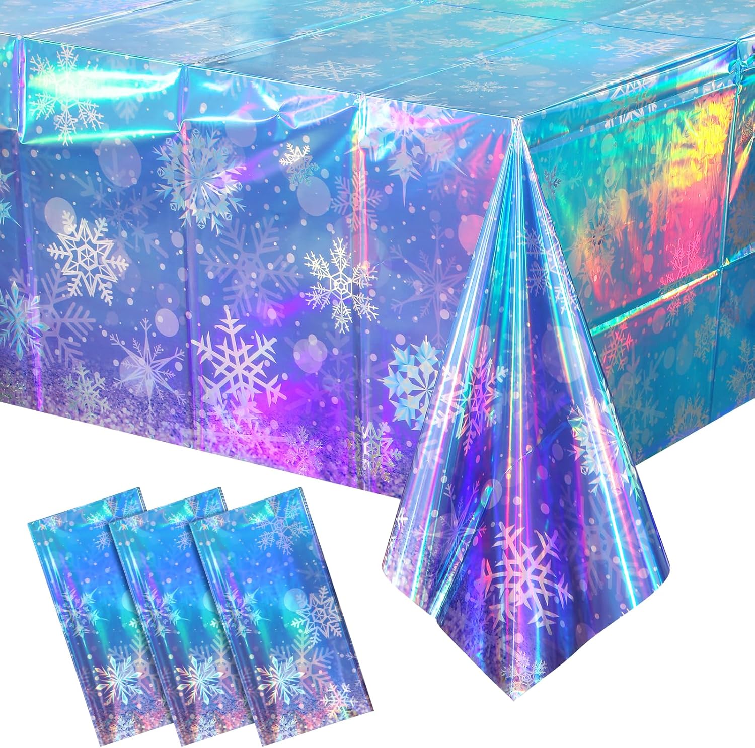 Skiennix Iridescent Snowflake Tablecloth - Holographic Blue & Purple | 54x108 Inch Disposable Cover