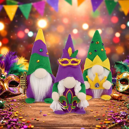 Aymolas Mardi Gras Gnomes Decorations - 3 Pack Gnomes Plush Handmade Scandinavian Tomte Gnome Decor for New Orleans Party Mantel Tiered Tray Table Decor Home Office Decorations