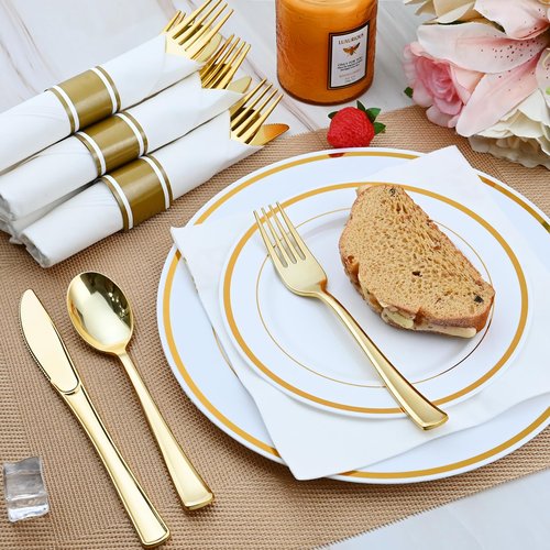 Pre Rolled Gold Plastic Cutlery Set, 120 Pack Wrapped Plastic Silverware Set with Napkins, Forks, Knives, and Spoons, Disposable Heavy Duty Plastics Utensils Set for Party Birthday Weddings Dinner