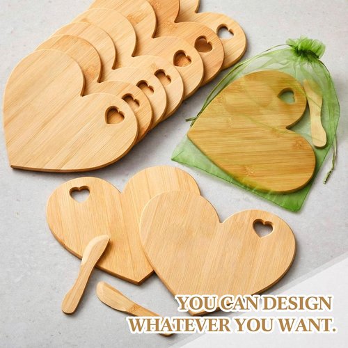 Nuenen 30 Pcs Mini Wooden Charcuterie Board Bulk, Small Wood Cutting Board for Crafts Laser Engraving with Knives Organza Bags Wedding Baby Shower Favors Gift (Heart,Bamboo Color)