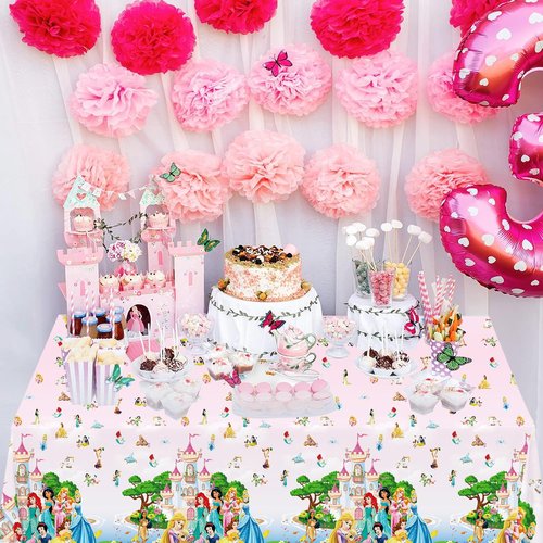 SNABETNA Princess Birthday Party Decorations Tablecloth,2pcs 108x54inch Large Pink Princess Table Cloth, Disposable Rectangular Plastic Waterproof Table Cover for Birthday Party