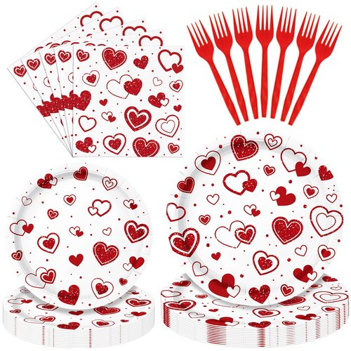 96 Pieces Valentine’s Day Tableware Set – Red Heart Disposable Plates, Napkins, and Forks for Romantic Dinners, Weddings, Anniversaries, and Love-Themed Parties – Serves 24