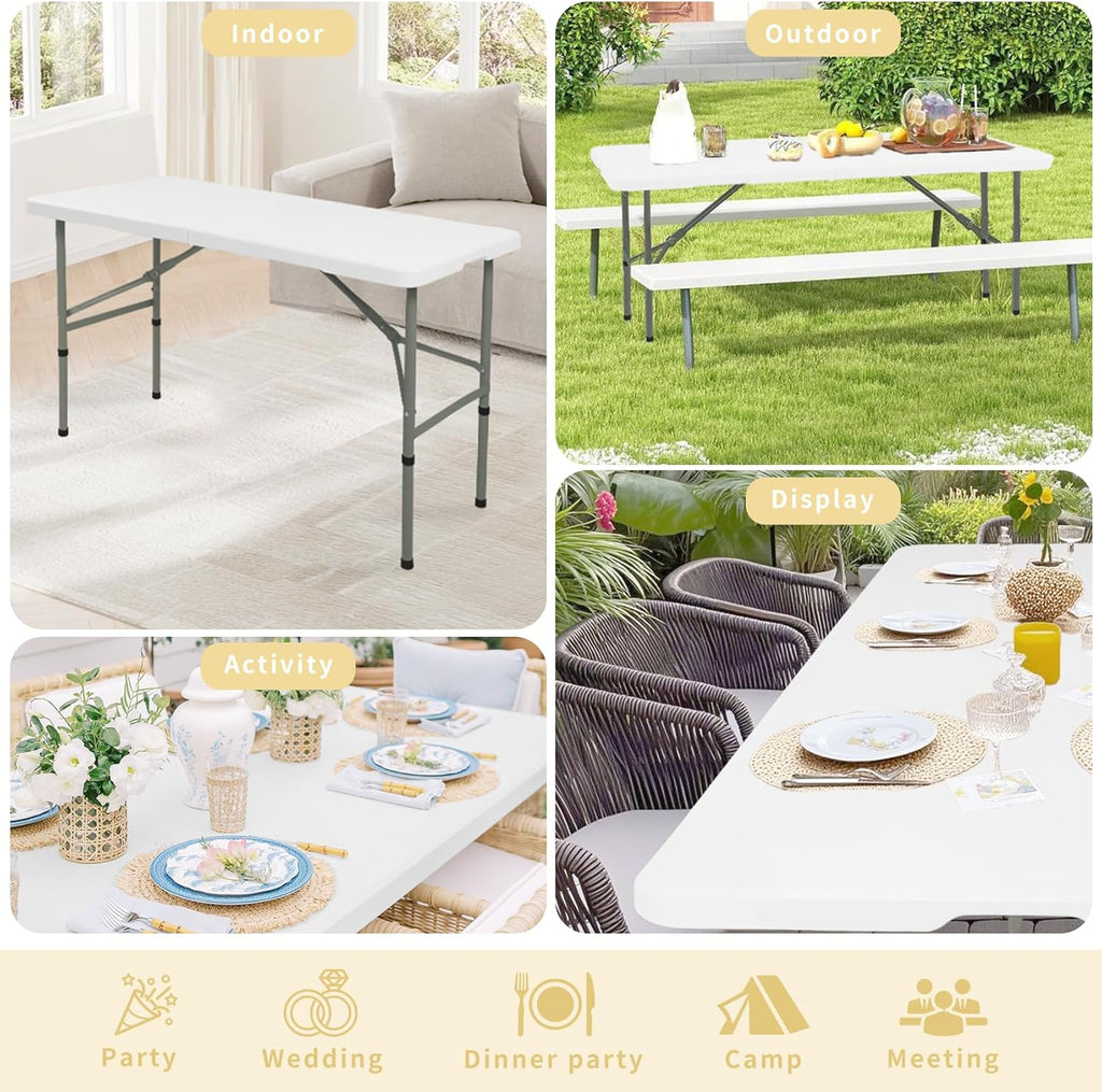 Regine Switzerland Folding Camping Table Set of 2 - 4FT Heavy-Duty Plastic with Steel Legs | Portable & Versatile for Indoor/Outdoor Events (White)
