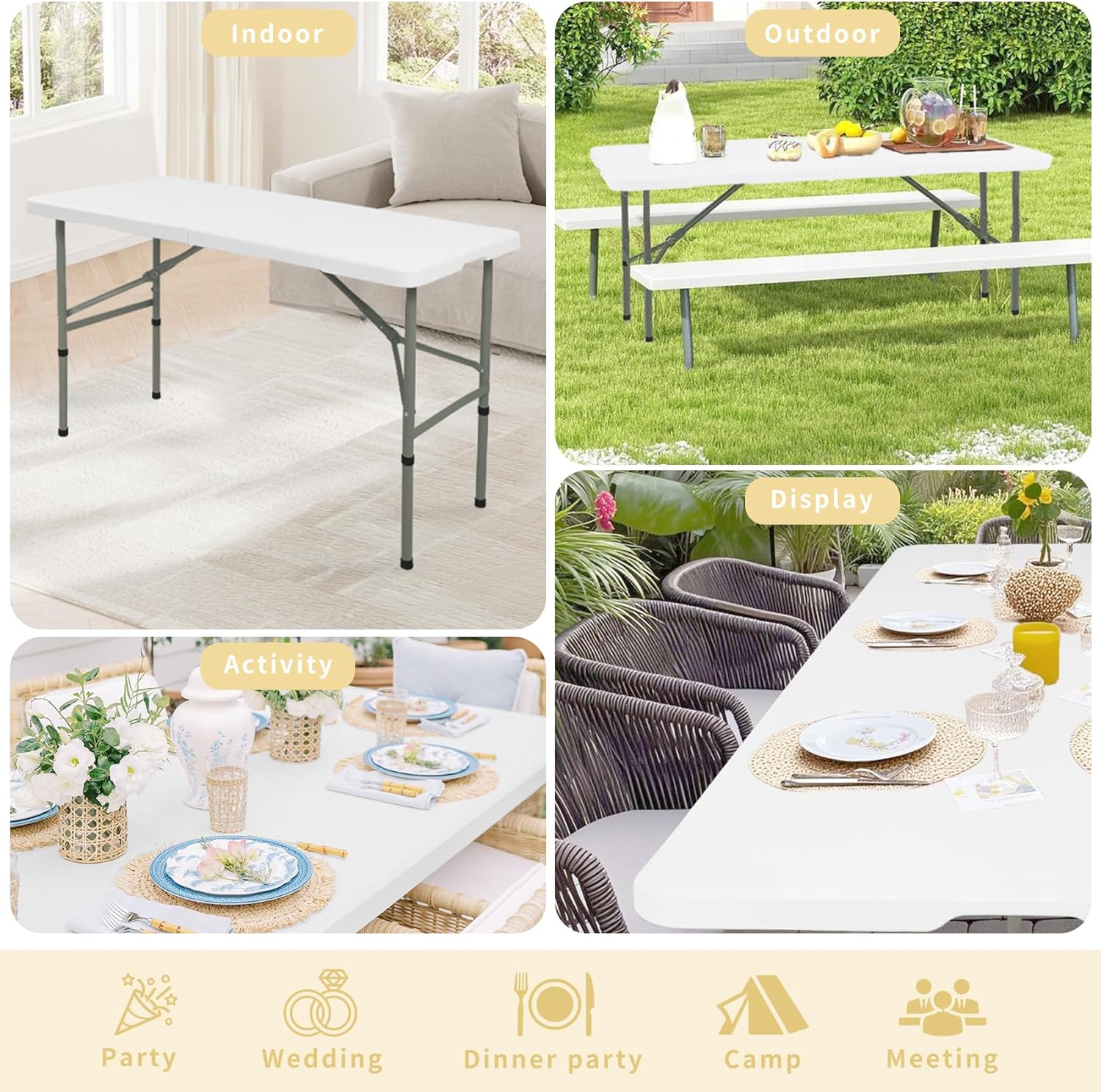Regine Switzerland Folding Camping Table Set of 2 - 4FT Heavy-Duty Plastic with Steel Legs | Portable & Versatile for Indoor/Outdoor Events (White)