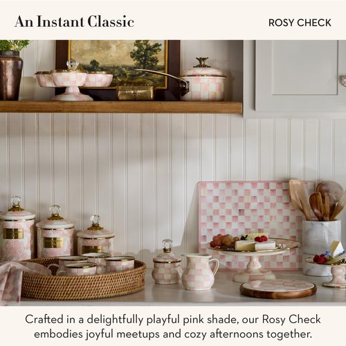 MACKENZIE-CHILDS Glass Lazy Susan, Cute Rotating Serving Board, Pink-and-White Rosy Check