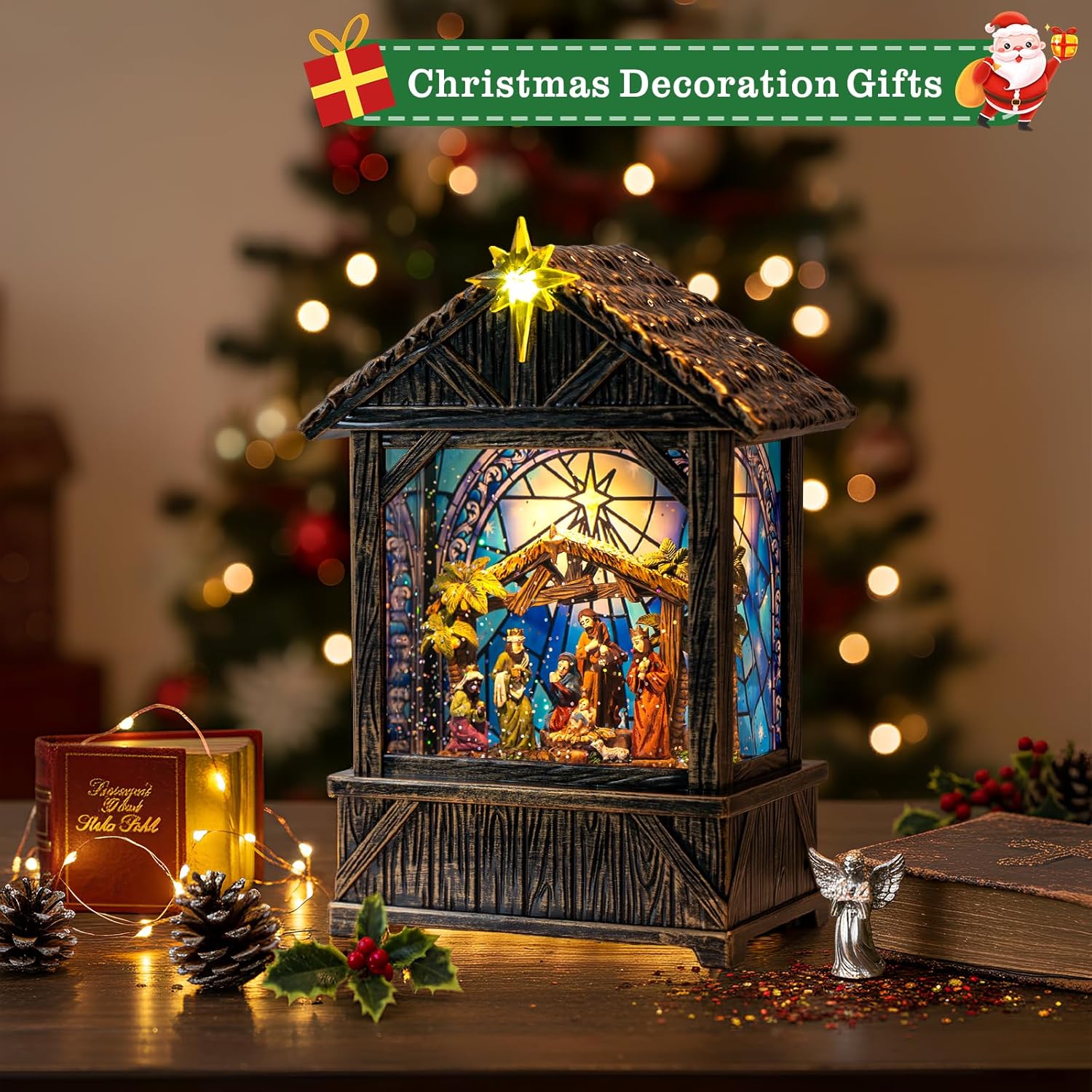 Regine Switzerland Christmas Snow Globe Lantern - Musical Nativity Scene Decor | 6-Hour Timer, USB/Battery Operated