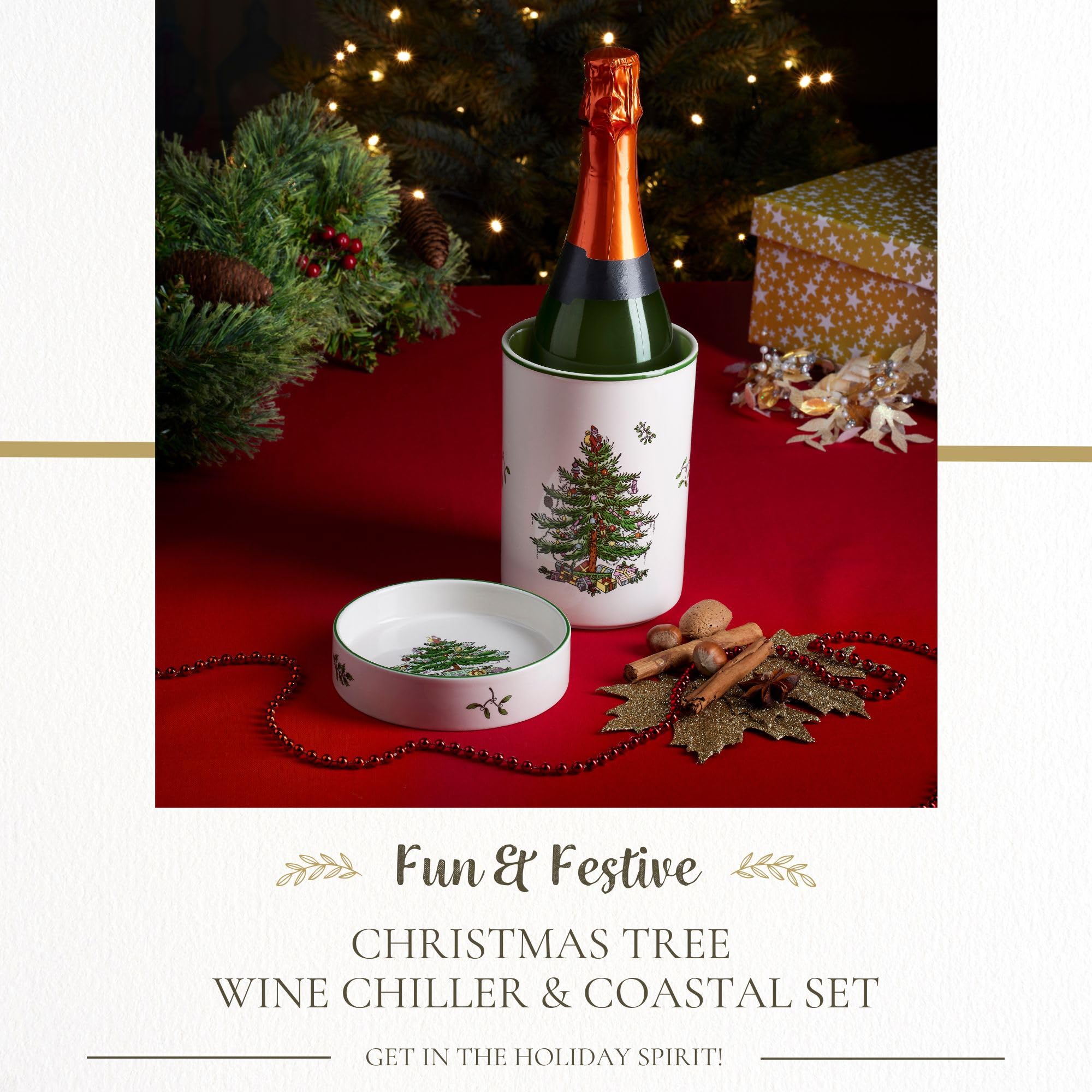 Spode Christmas Tree Wine Chiller & Coaster Set, Dishwasher, Microwave & Freezer Safe - Stoneware Wine Cooler with Festive Coaster - Hostess Gift for Holiday Entertaining