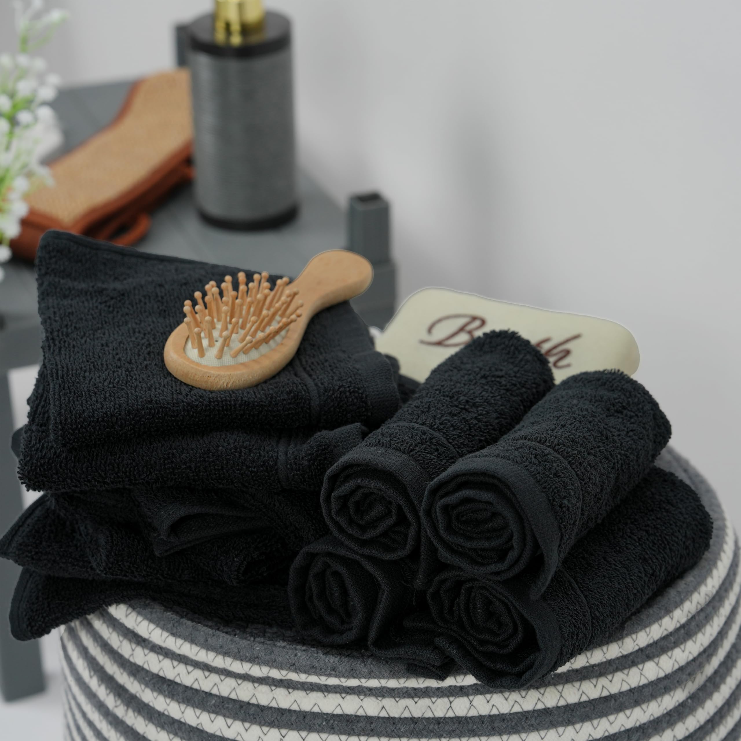 Tens Towels Pack of 24 Washcloths, 12 x 12 Inches, Lighter Weight, Quick to Dry, Super Soft & Absorbent, Gentle Face Towels, Hotel Quality, Perfect for Bathroom, Gym, Spa (Black, 24 Pack)