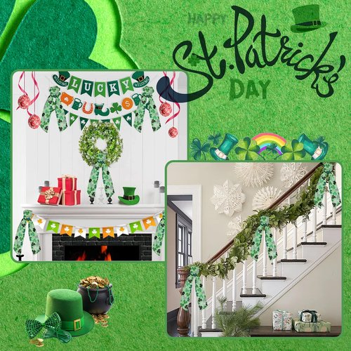 2Pcs St Patricks' Day Wreath Sash Green Shamrock Bow Front Door Spring Holiday Irish Clover Tree Sash for Wreath Front Saint Patrick's Day Decorations Supplies (55'' x 4.7'')