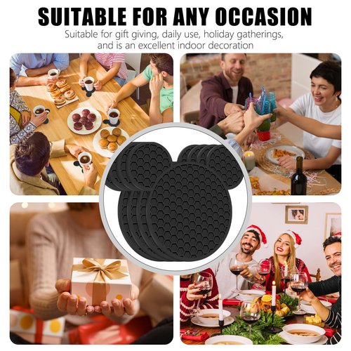 Mouse Ears Silicone Coasters Non-Slip Black Coasters for Hot or Cold Drinks, Beer, Coffee, Anti-Overflow Tabletop Protection Christmas Birthday Wedding Housewarming Home Decor Gifts