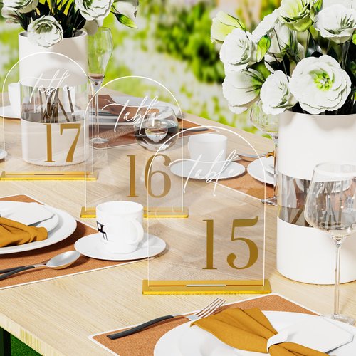 iFaveorr Arch Wedding Table Numbers 1-20 with Stands, Elegant Gold Number 5.5 x 7” Arch Acrylic Signs with Holder, Clear Acrylic Table Numbers for Wedding Reception, Anniversary, Party, Events