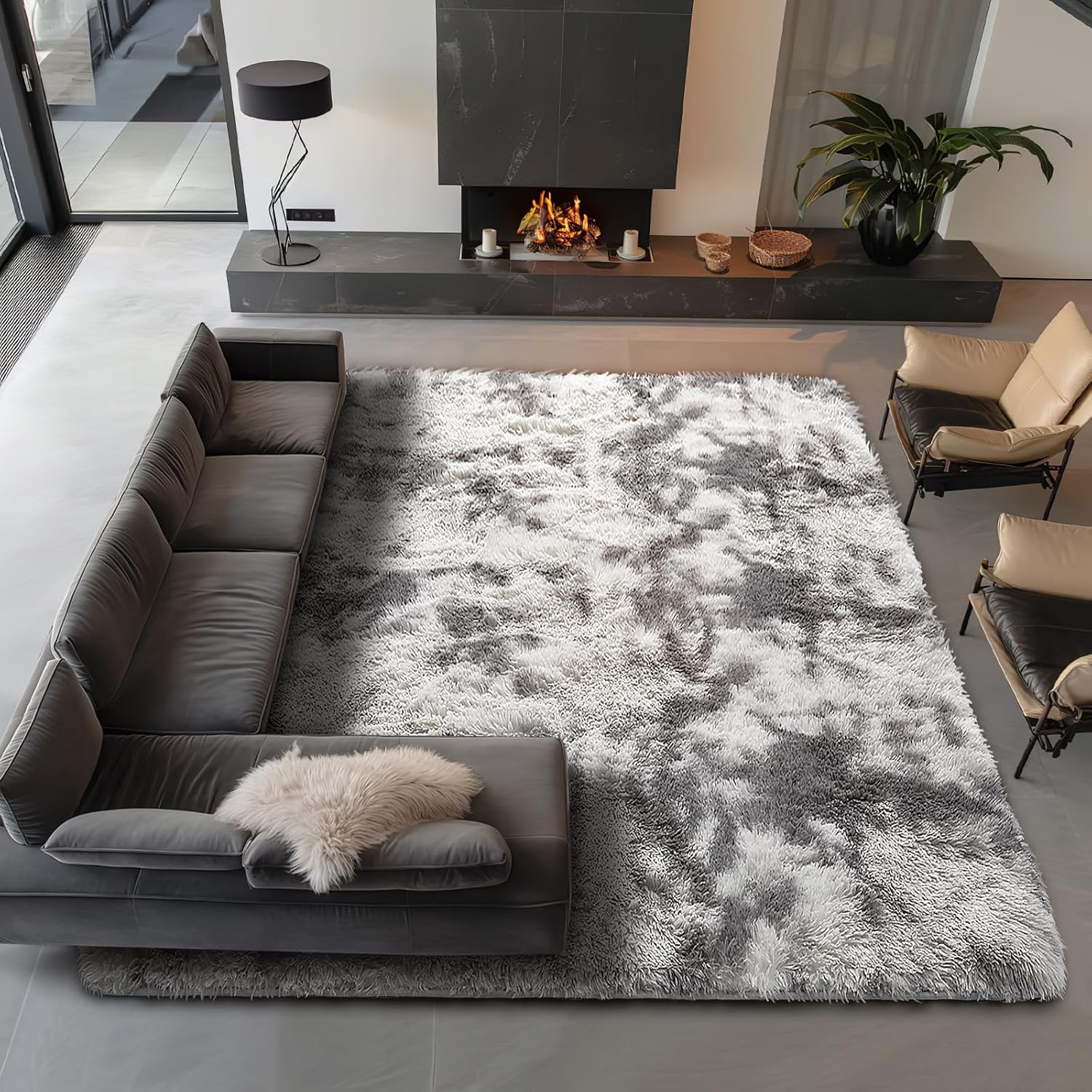 Ophanie Tie-Dyed Grey & White Area Rug - Large 8x10 Soft Shag Carpet for Living Room & Nursery Decor
