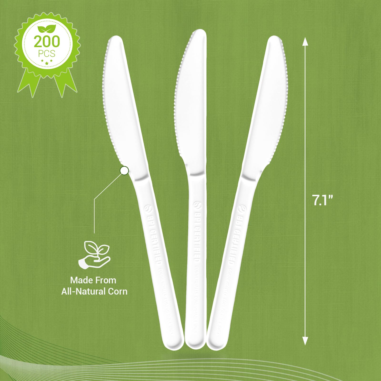Degralight 100% Compostable Knives - 200Pcs CPLA Knives, Durable and Heat Resistant CPLA Disposable Cutlery, No Plastic Disposable Silverware for Party, Wedding, Office & Daily