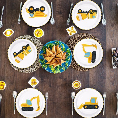 Whaline 40Pcs Construction Birthday Party Paper Plates Dump Truck Disposable Plates 4 Designs Tableware for Boys Kids Birthday Party Supplies Table Decor, 9 in