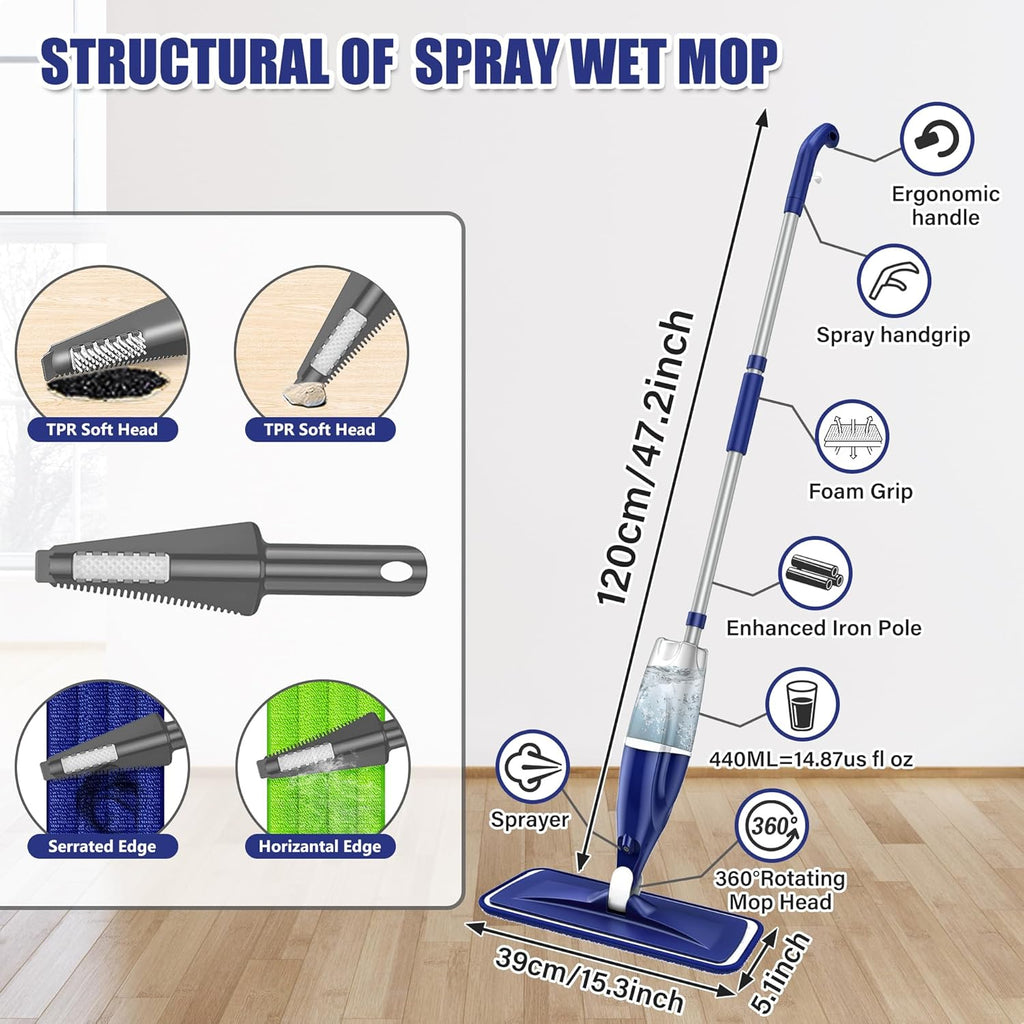 Skiennix Microfiber Spray Mop - Versatile Wet/Dry Floor Cleaner with 3 Reusable Pads | Ideal for Tile, Wood, and Laminate