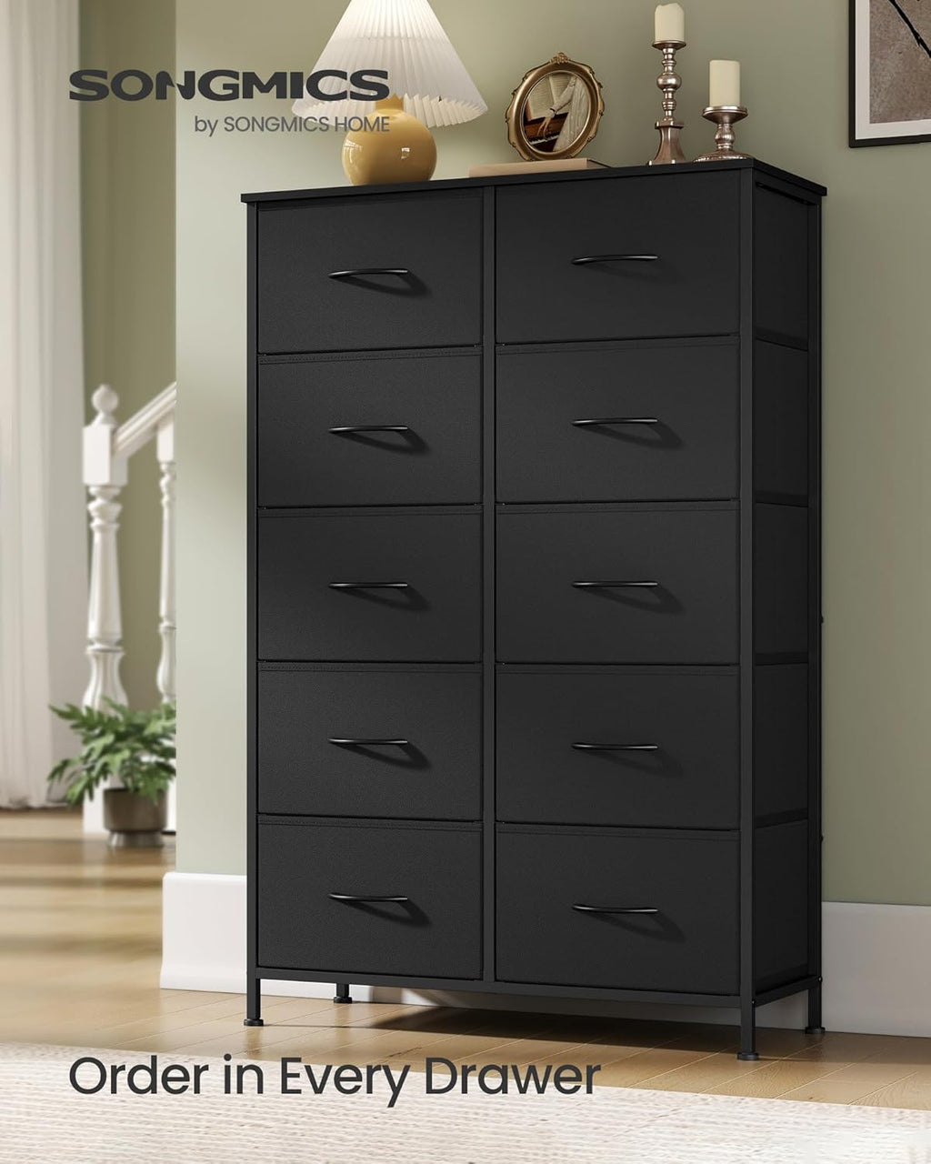SONGMICS Dresser - Rustic Brown & Ink Black Chest of Drawers with 10 Non-Woven Fabric Bins | Stylish Storage Organizer for Bedroom & Entryway