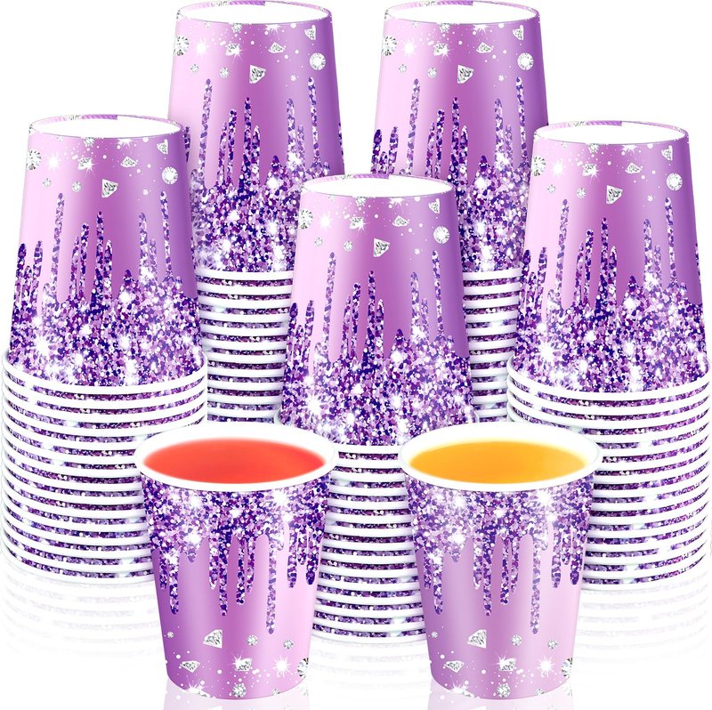 50Pcs Silver Happy Birthday Party Paper Cups 9oz Glitter Diamonds Party Cups Supplies Silver Diamonds Theme Disposable Cups for Women Girls Birthday Wedding Bridal Baby Shower Favors Decoration