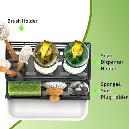 Cisily Large Black Sponge Holder - Rustproof Kitchen Sink Organizer with Drip Tray & Non-Slip Design