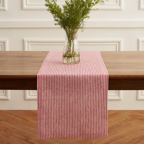 Solino Home Linen Table Runner 156 Inches Long - Narrow Stripe, 100% Pure Linen Red and White Table Runner 14 x 156 Inch for Dining, Mothers Day, Spring, Easter