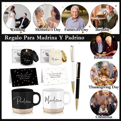 Baderke 2 Set 8 Pcs Godparents Proposal Gift Madrina Padrino Mug Will You Be My Godparents from Godchild Card Scented Candle Jar Ballpoint Pen Valentines Baptism Gift for Godmother Godfather(Spanish)