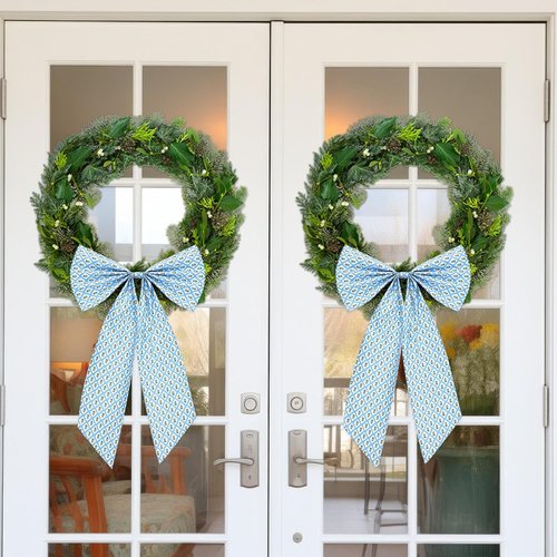 HunnmingRe Christmas Wreath Sash - 2 Pcs Blue & Green Block Print Burlap Bow | 24 x 16 Inch Indoor/Outdoor Decor