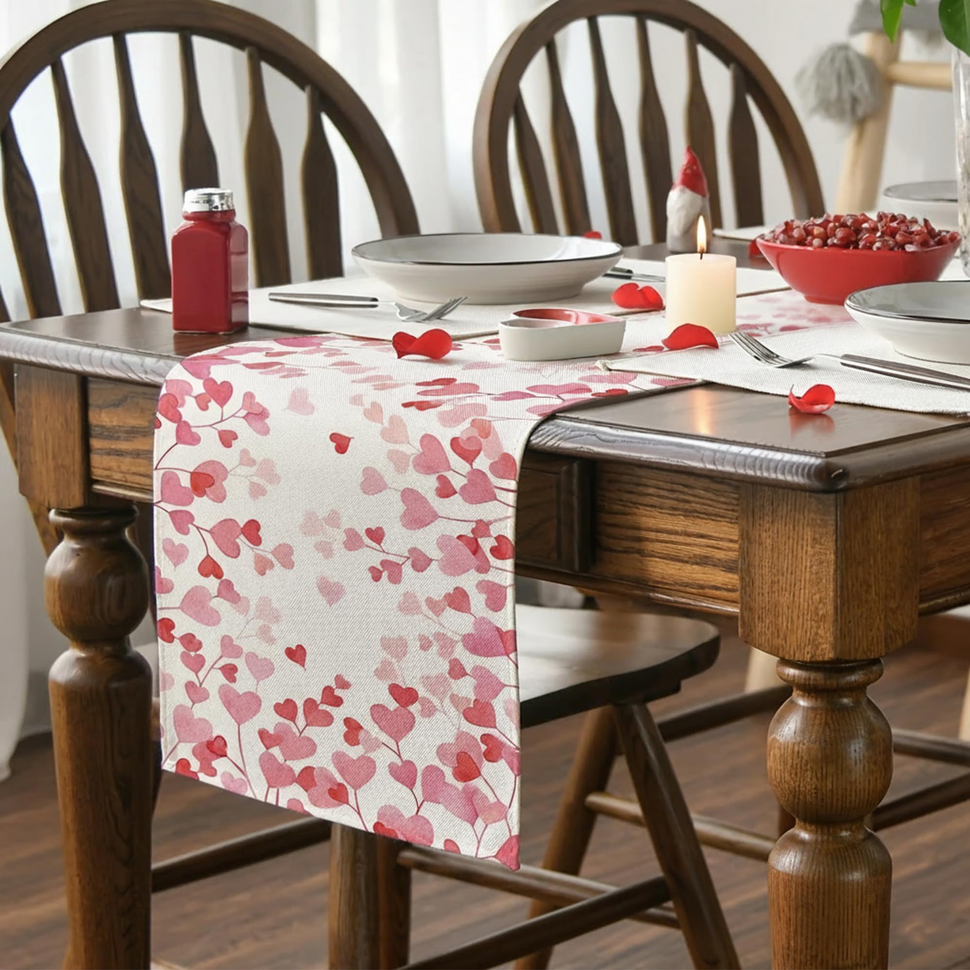 Pink Love Valentine Table Runner 13x72 Inch, Heart Pattern Decor for Dining Table, Kitchen, Anniversary, Wedding, and Party Decorations
