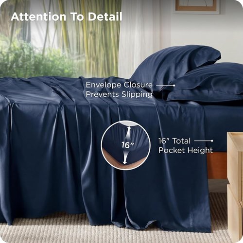 Bedsure Cooling Bed Sheets - Breathable Rayon from Bamboo, Deep Pocket Up to 16 Inches, Navy