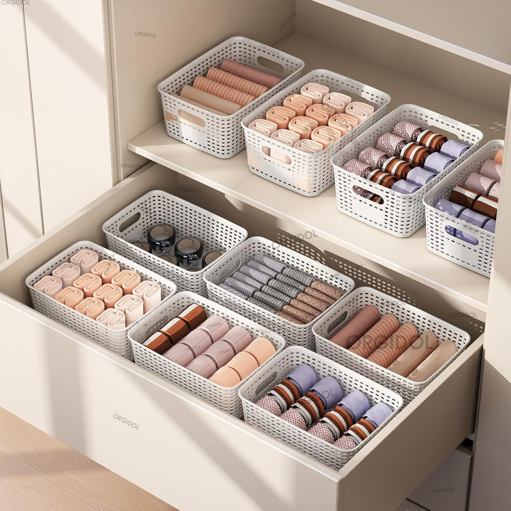 ORGIDOL Stackable Plastic Storage Baskets - 10 Pack with Lids for Organizing Home & Office | White