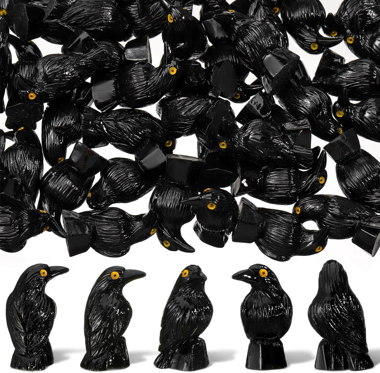 Skiennix Miniature Crows Decor - 50 Pcs Black Raven Resin Figurines for Spooky Holiday Scenes